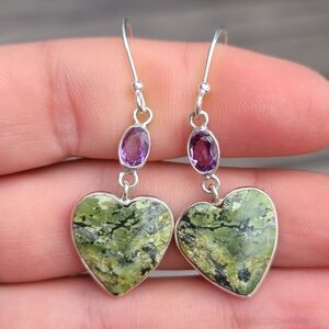 Heart Serpentine & Amethyst 925 Earrings